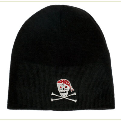 Black knit hat with skull and crossbones