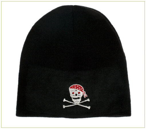 Black knit hat with skull and crossbones