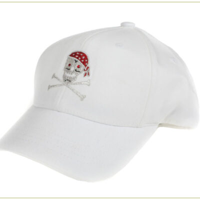 White twill baseball cap with skull and crossbones