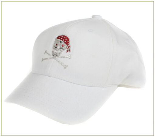 White twill baseball cap with skull and crossbones