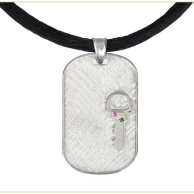 Small Dog Tag with Mounted Key on Black Silk Cord
