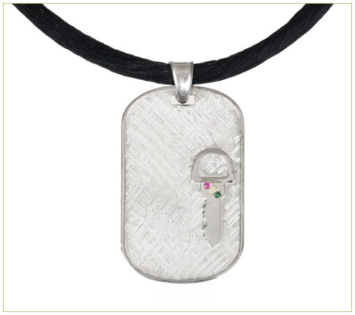Small Dog Tag with Mounted Key on Black Silk Cord